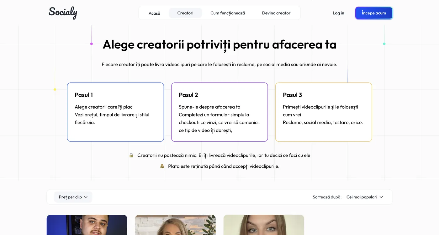 Website Socialy — pagină principală